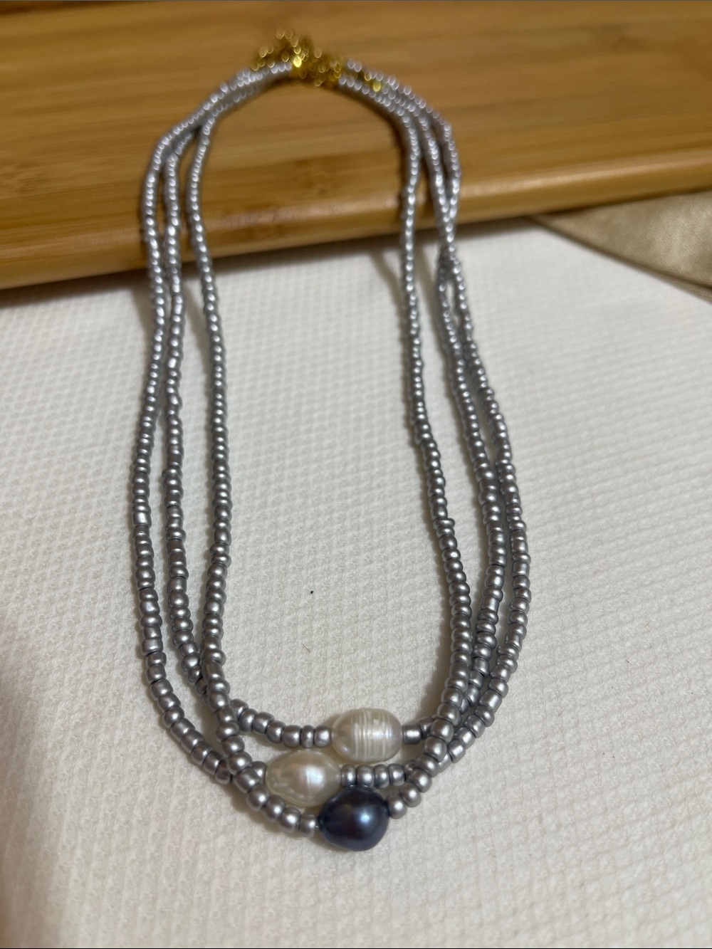 Multi-Strand Silver Beaded Necklace with Mixed Pearls